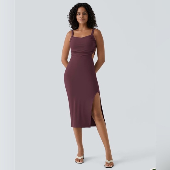 HALARA Dresses & Skirts - Halara Ruched Backless Crisscross Lace Up Split Bodycon Midi Casual Dress